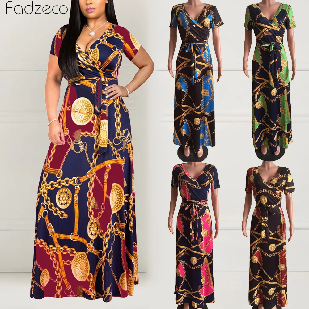 

Fadzeco New African Dress For Women Fashion Robe Dashiki Print V Neck Belt Big Size Maxi Dress African Print Clothes