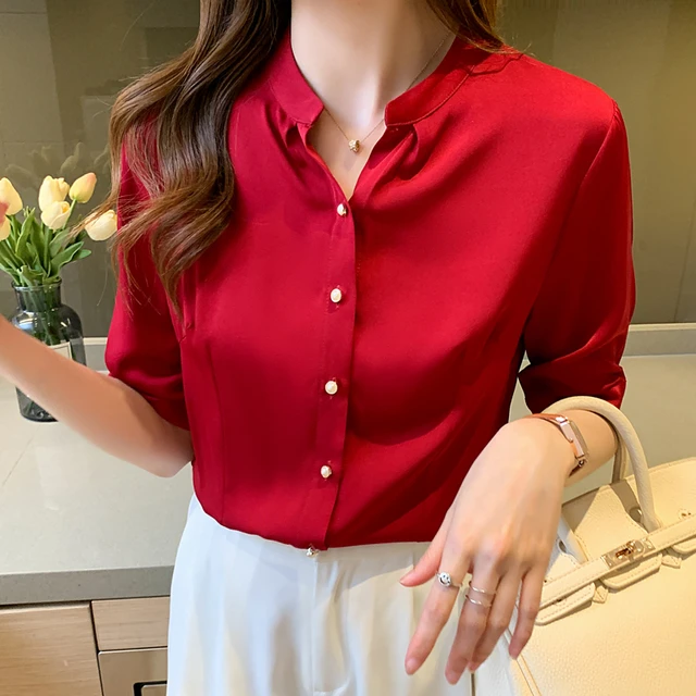 Camisa roja para mujer, Tops de manga corta para mujer, ropa a la moda con botones sólidos, 2021 - AliExpress