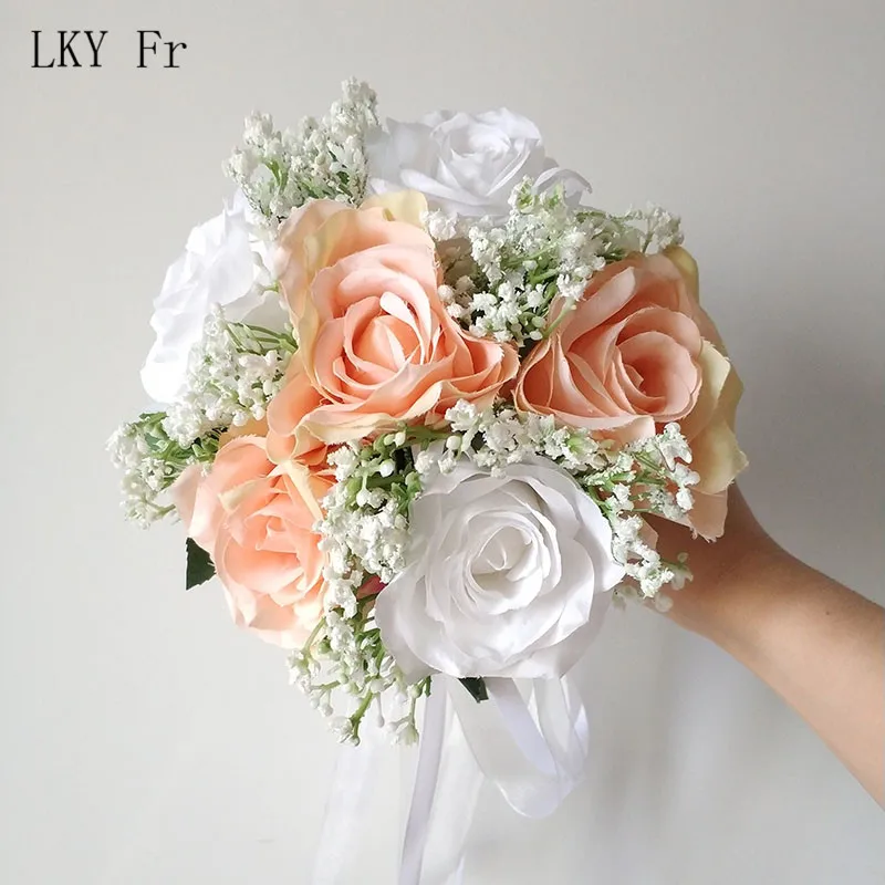White Peach Bouquet LKY Fr свадебные букеты для подружки невесты Свадебный букет искусственного шелка Розы белые красные цветы букет для девочек свадебные аксессуары - Цвет: White Peach Bouquet
