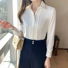 

Women Shirt Chiffon Blouses for Women Folds Long Sleeve Top Women White Polo Neck Button Up Clothing Female 2022 Basic Shirts OL