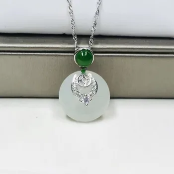 

Beautiful 925 Sterling Silver White HeTian Jade Round Inlay Zircon Lucky Pendant Necklace For Women Jewelry Charm Gift