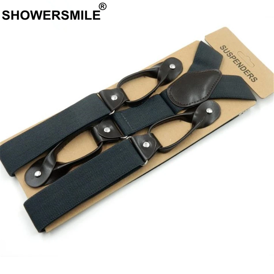 Подтяжки SHOWERSMILE мужские на пуговицах широкие однотонные темно синие кожаные