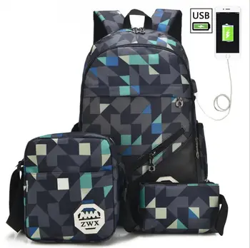 

3pcs USB Male backpack bag set red and blue high school bag for boys one shoulder big student book bag men school backpack women