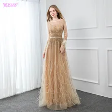 YQLNNE элегантное вечернее платье с длинными рукавами и золотыми перьями Длинные Кристаллы, украшенные бисером, вечерние женские вечерние платья, платья