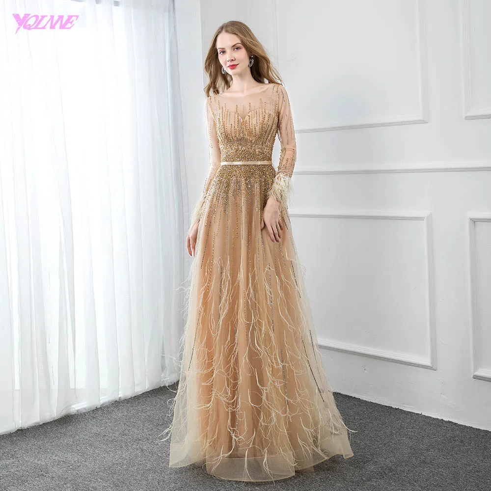

YQLNNE Elegant Gold Feathers Full Sleeve Evening Dress Long Crystals Beaded Formal Evening Gown Women Dresses