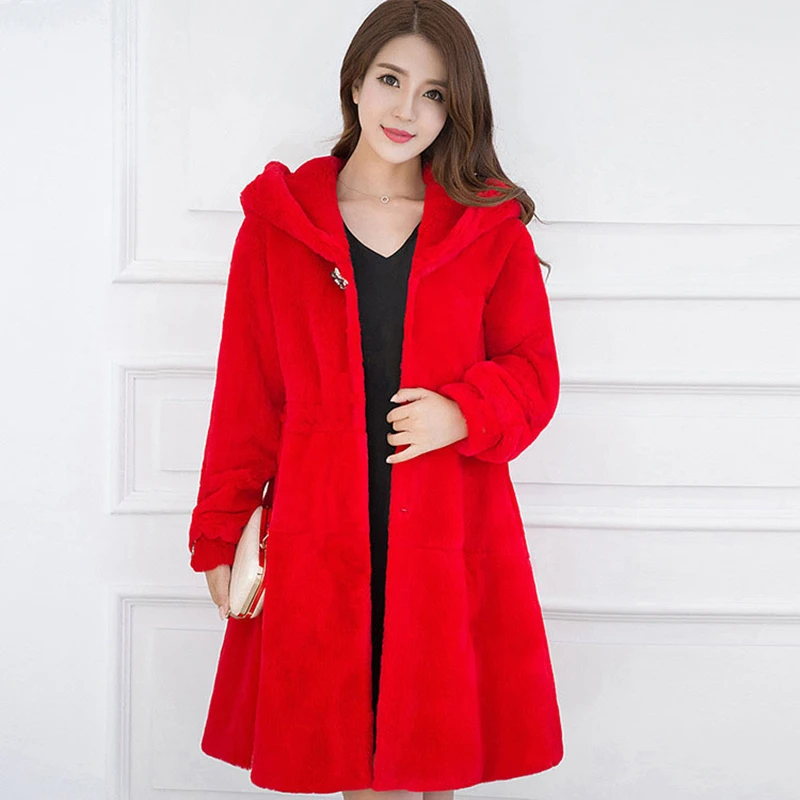 Зимняя Новинка, длинная приталенная куртка из искусственного меха с капюшоном, женские толстые теплые куртки из искусственного кроличьего меха, женские черные пальто больших размеров - Цвет: Red