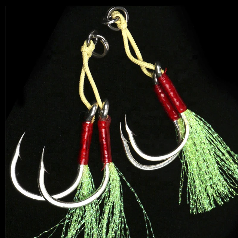 

OBSESSION 2pcs/bag Jigging Lure Double Hooks High Quality Assist Hook Barbed Thread Feather Pesca High Carbon Steel