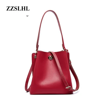 

ZZSLHL 2019 Fashion Women's Genuine Leather Handbags High Quality Cow Leather Bucket Bags Luxury Shoulder Bags Messenger Bag