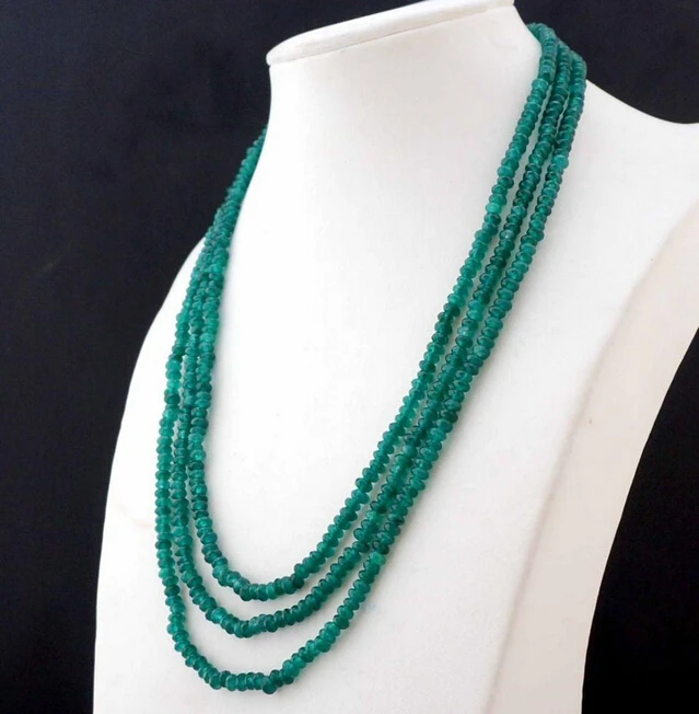 

915 +++Beautiful NATURAL 3 Rows 2X4mm Faceted GREEN EMERALD BEADS NECKLACE