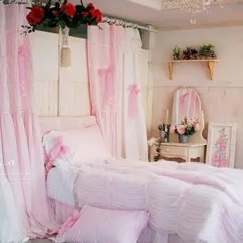 

Romantic bedding set pink princess lace duvet cover sweet bedspread wedding decoration bedding top luxury quilt cover bed skirt