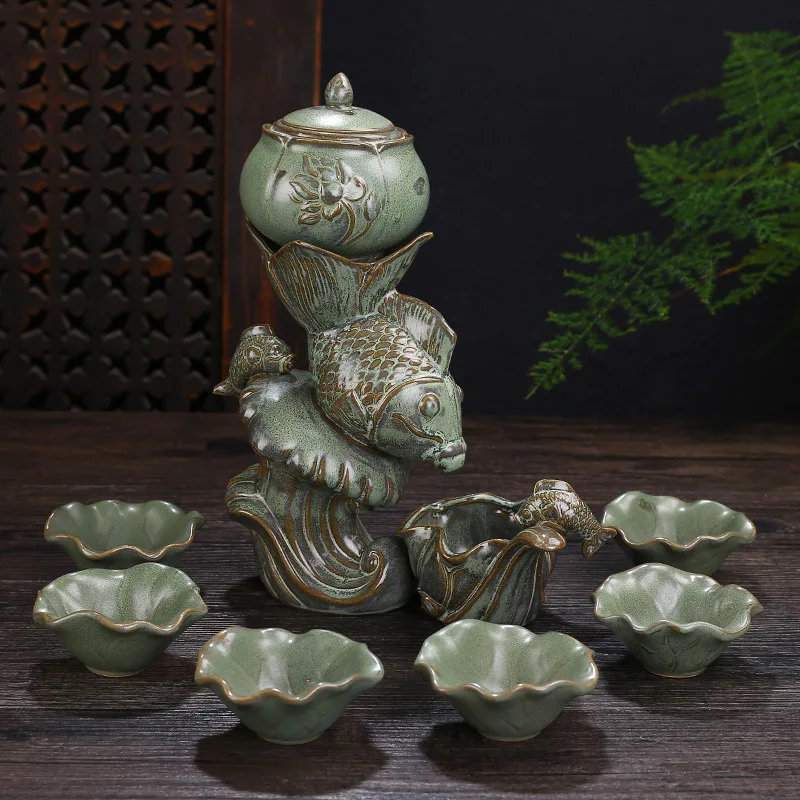 

Fully Automatic Tea Set Fortunes Retro Imitation Stonewashed Creative Ceramics Tea Set Gift Rotating Water Extractor