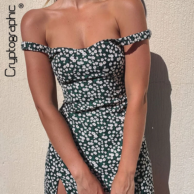 Cryptographic Floral Print Fashion Sleeveless Mini Dress Holiday 2020 Summer Sundress Off Shoulder Sexy Backless Dress Split