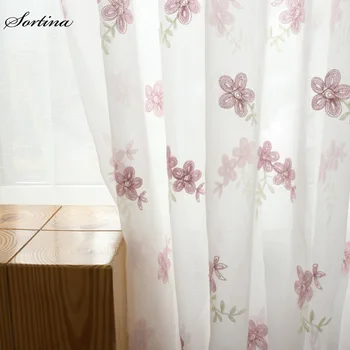 

Window Curtains Embroidery Sheer Curtain for Bedroom Living Room pink flower