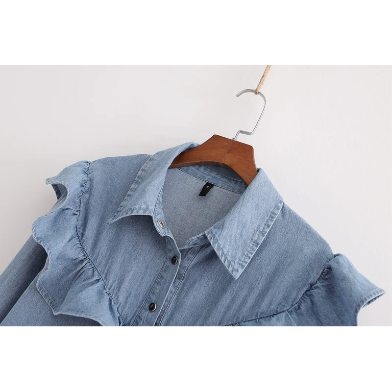  Fashion Za 2020 women Shirt Blue Blouse Clothing for Women Tops Turn Down Collar Denim Blouses Cott