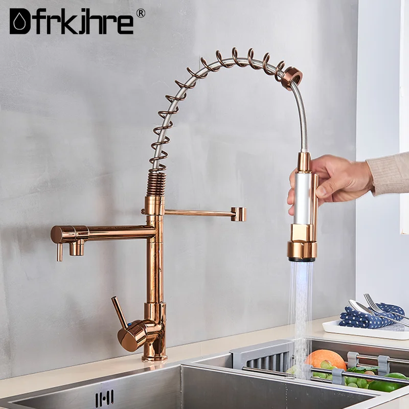 LED Light Kitchen Faucet Rose Gold Pull out Side Sprayer Spring 360 Rotation Dual Swivel Spout Crane Hot Cold Water Mixer Taps