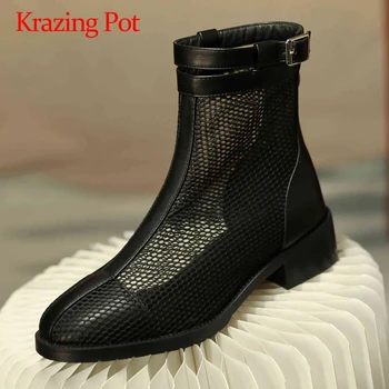

Krazing Pot big size high fashion metal fasteners noble convenient dress round toe med square heel Zipper women summer boots L59