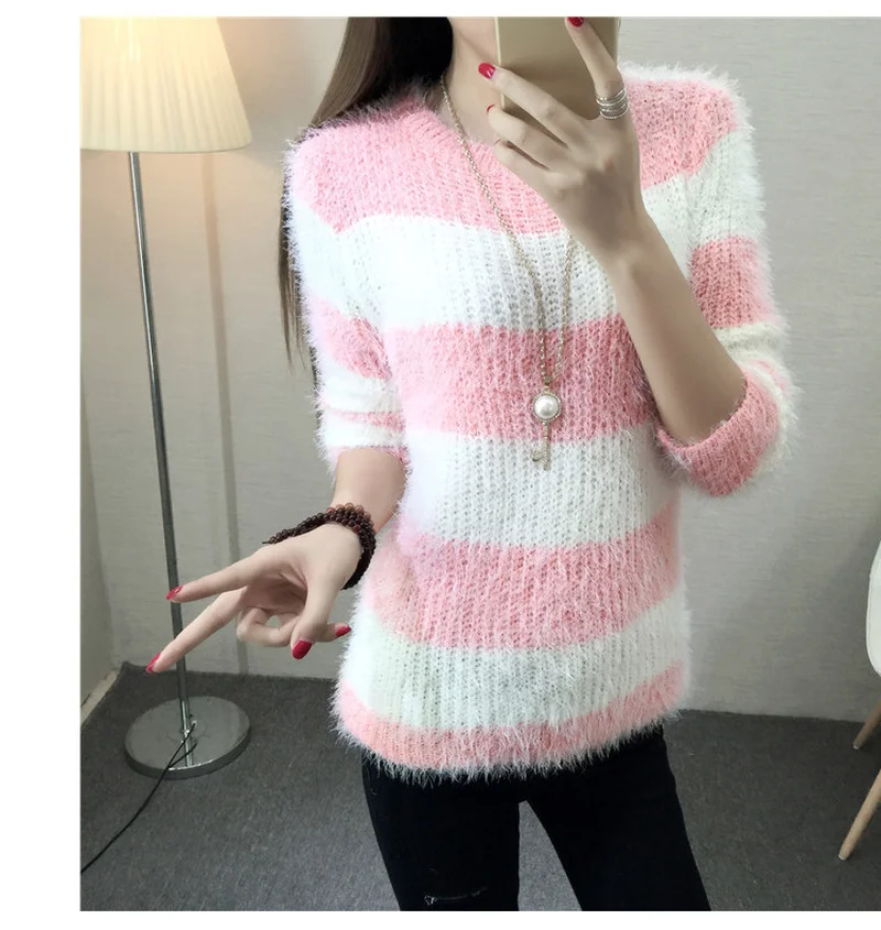 Women Sweater Loose Mohair Round Neck Pullover Base Sweater Korea Sweater Women Knit Sweater Women Winter Sweater Women
