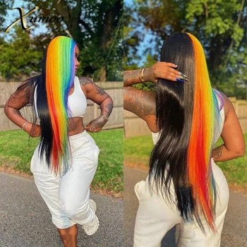 

XUMOO Cosplay Rainbow Color Straight Synthetic Wig Full Machine Made Wig None Lace Wig Heat Resistant Synthetic Wigs For Women
