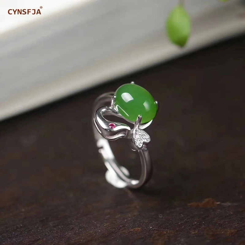 

CYNSFJA Real Certified Natural Hetian Jasper 925 Sterling Silver Handmade Fine Jewelry Green Jade Rings Adjustable Best Gifts