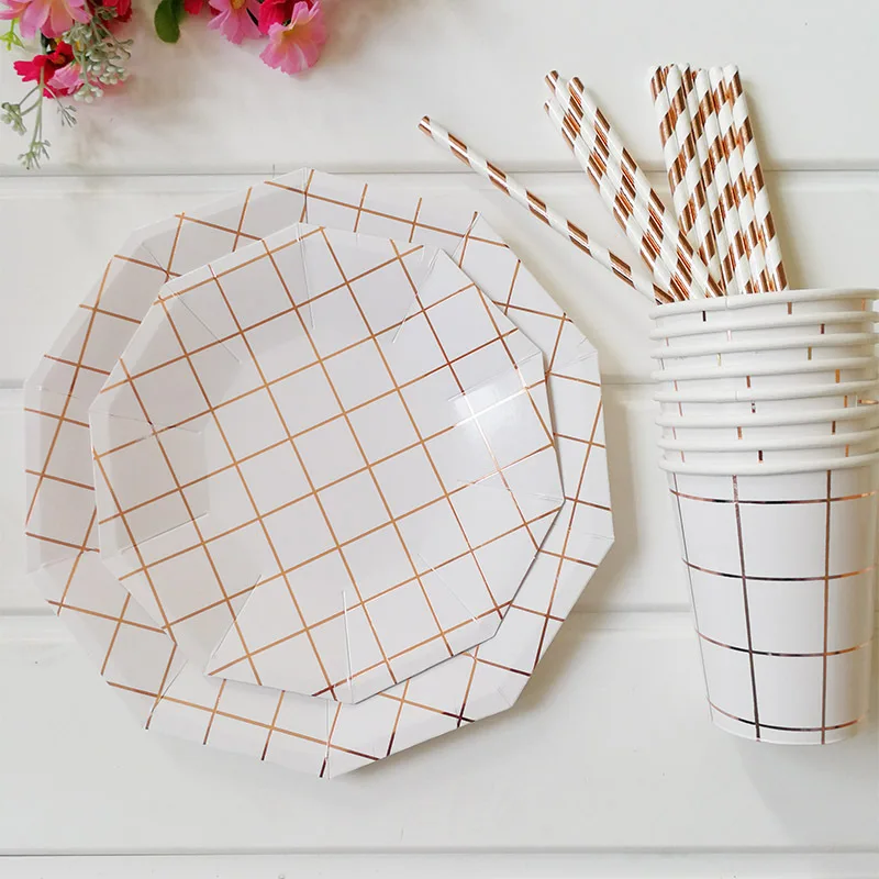 

Gold Tableware for Birthday Hot Rose Gold Grid Paper Plates