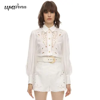 

2020 New Elegant White Suit Women's Lantern Sleeve Hollow Embroidered Shirt + High Waist Embroidered Shorts Two Piece Set