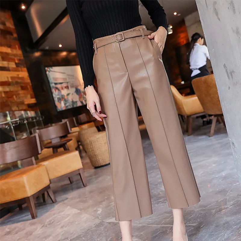

2019 Autumn Winter Woman Pants With Belt Faux PU Leather High Waisted Wide Leg Anke-length Women's Trousers Fashion Lady Clothes