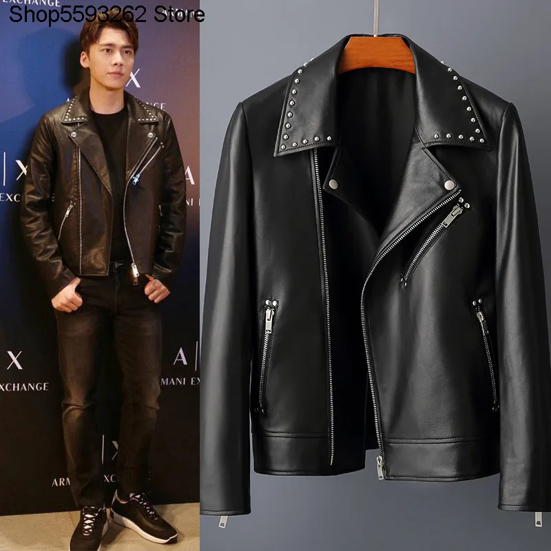 

Gd Li Yifeng Leather Coat Slp Wind Coat Slim Fit Trend Male Rivet Short Money Genuine Leather Locomotive Jacket