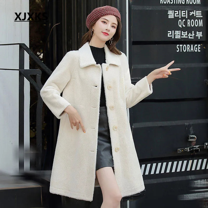 XJXKS зимнее длинное женское Шерстяное Пальто 2019 Новинка свободного размера плюс модное удобное женское однобортное пальто с отворотом