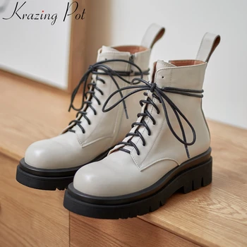 

Krazing Pot 2020 fashion cow leather winter shoes women high heel platform round toe zip motorcycle handmade ankle boots L7f2