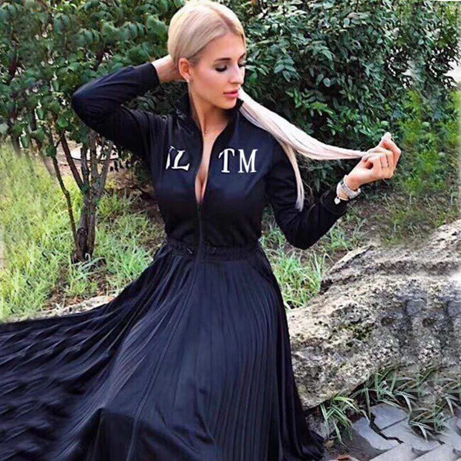 

Latest women's spring pleated dress black office elegant long-sleeved stand collar dress celebrity party dress Vestidos