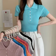 ITOOLIN Women's Ribbed Button Up Polo Shirt Female Chic Plain Short Sleeve Candy Colors Top Stretchy Slim Tee Shirts Knitting
