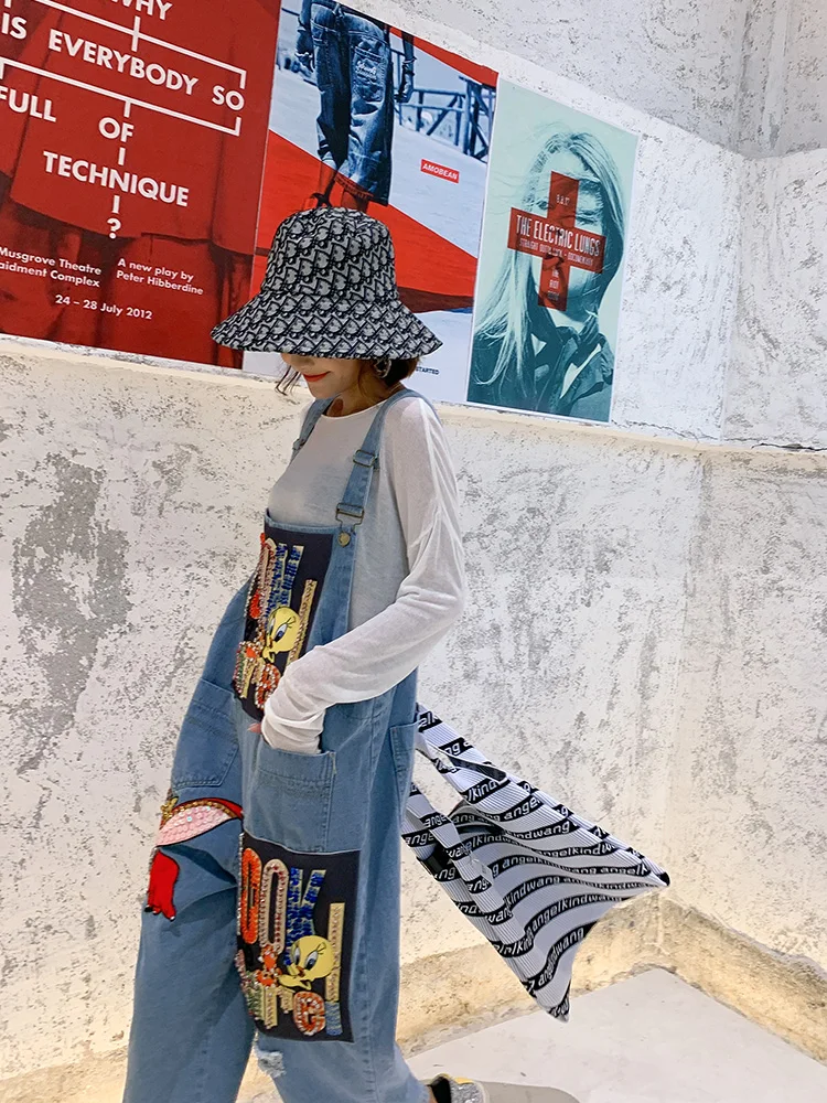 Cartoon denim bib female high street jumpsuit brand new loose embroidery workwear wide leg one-piece pants cartoon overalls