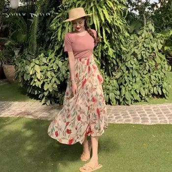 

SparkDora Spring 2020 Slim Elegant Retro Romantic Flower Print Large Skirt French Chiffon Skirt Half Skirt