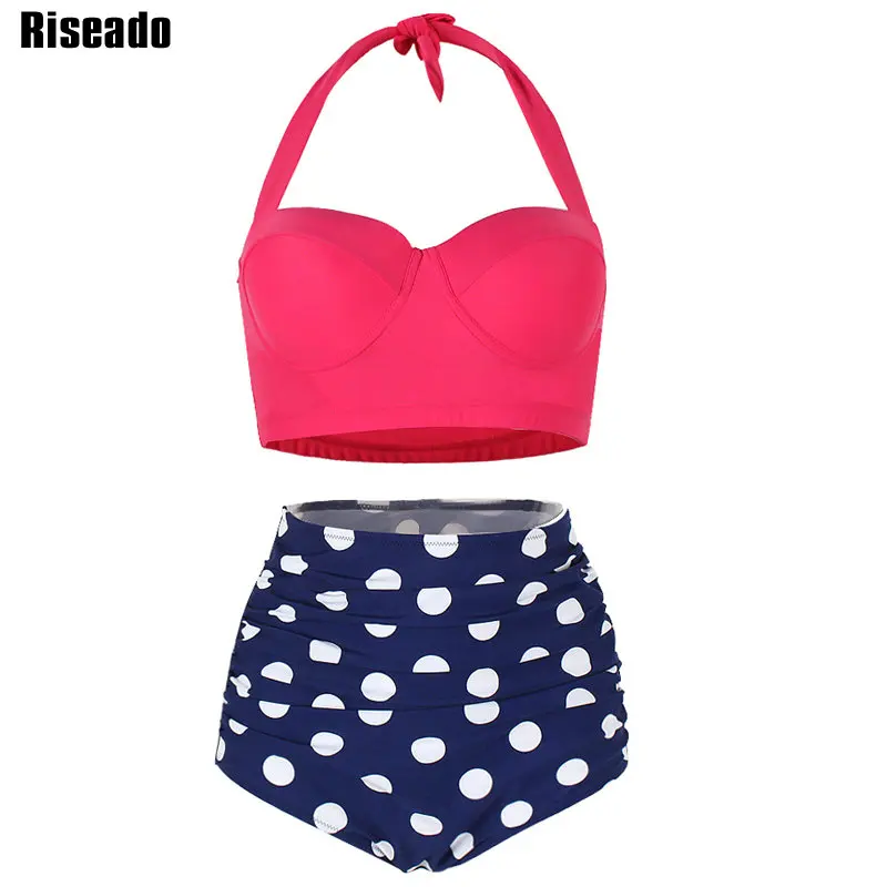 

Riseado 2020 High Waisted Bikinis Push Up Swimwear Women Dot Print Bathing Suits New Halter Plus Size Swimwear XXXL