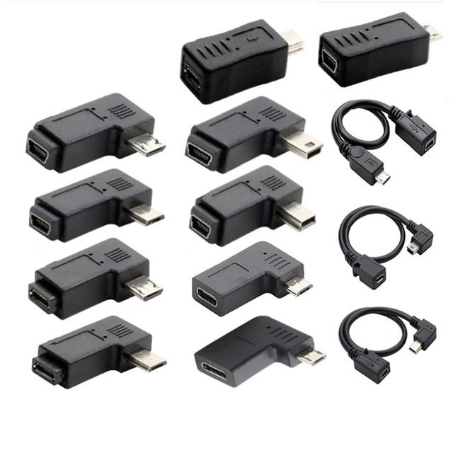 Adaptador mini USB a micro USB, conector USB 2.0, conector adaptador de  enchufe de 90 grados, ángulo izquierdo y derecho mini USB macho a conector