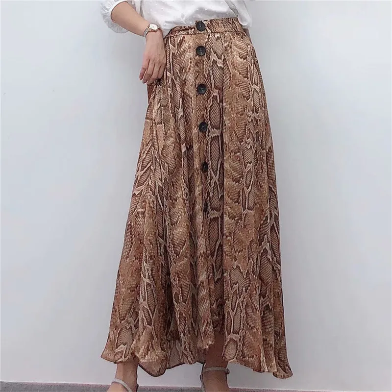 

2019 fashion elegant retro snake print women skirt asymmetrical design buttons pleated animal pattern female casual wild skirts