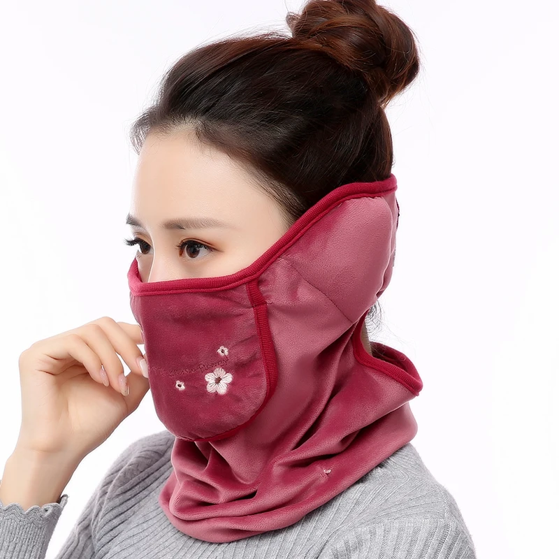 Хлопковая ветрозащитная Пылезащитная теплая маска для лица для женщин с вышивкой бархатные Моющиеся Многоразовые маски Зимние Теплые маски - Цвет: A612 Wine Red