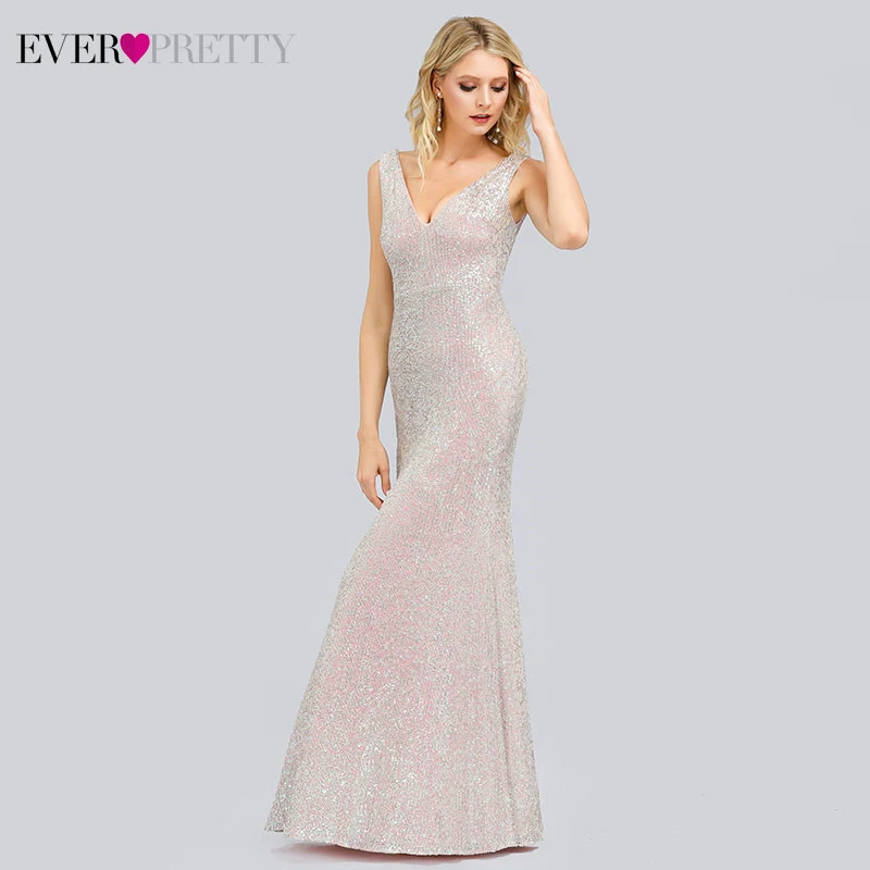 Luxury Mermaid Evening Dresses Long Ever Pretty EP00837PK Sequined Double V-Neck Sexy Ladies Party Gowns Robe De Soiree Sirene