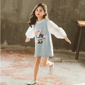 

Cuhk Children's Cartoon Splice Princess Dress Teenager Girls Puff Sleeve Cotton Blended Loose Dresses Toddler Girl Casual Dress