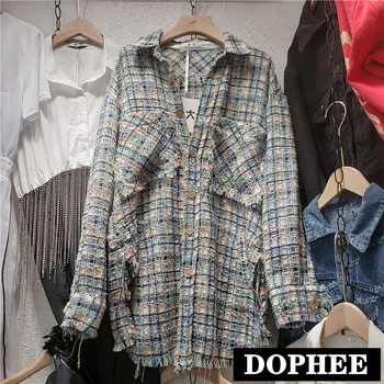 

Green Tweed Plaid Shirt 2019 Autumn New Handsome BF Lazy Wind Medium Long Coat Girl Students Fashion Jacket Outwear