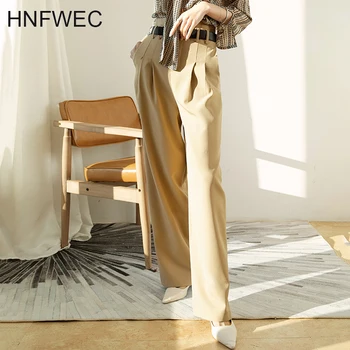 

Spring Autumn 2020 High Waist Khaki Brief Pleated Long Wide Leg Trousers New Loose Fit Pants Women Fashion Tide T040