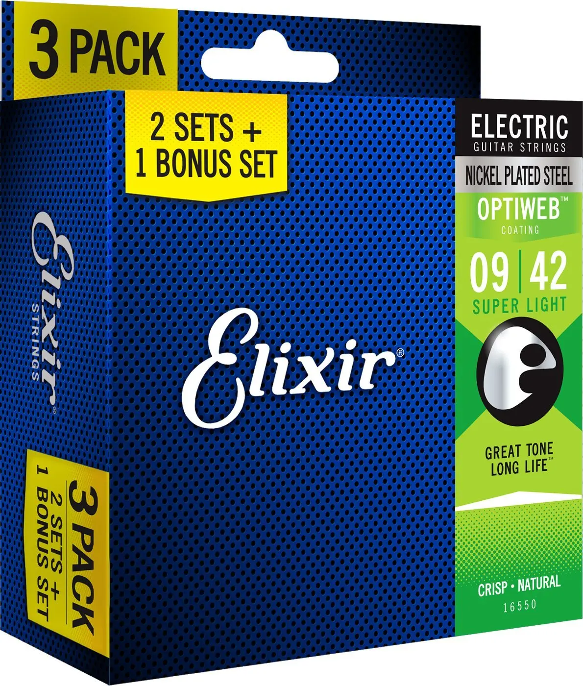 

Elixir Strings 16550 (3 Pack of 19002) Electric Guitar Strings with OPTIWEB Coating, Super Light (.009-.042)