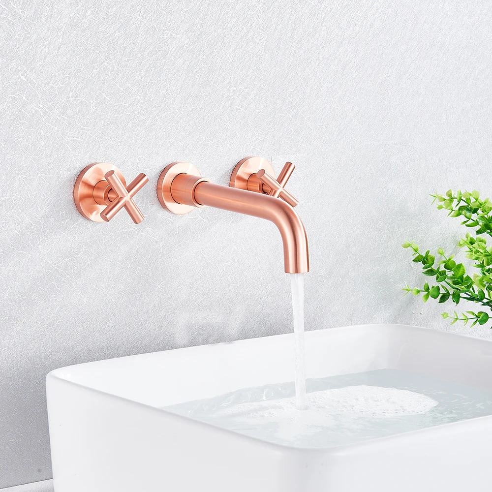 Rose Golden Матовый золотой настенный смеситель для раковины с двойной ручкой, вращающийся носик для ванной комнаты, смеситель для раковины, кран для горячей и холодной воды - Цвет: Rose Golden