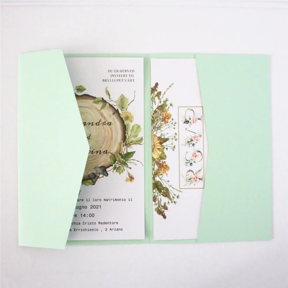 50Pcs Blank Copper Wedding Invitations Pockets With Envelopes and Ribbons For Party Invite Custoized Text Printing