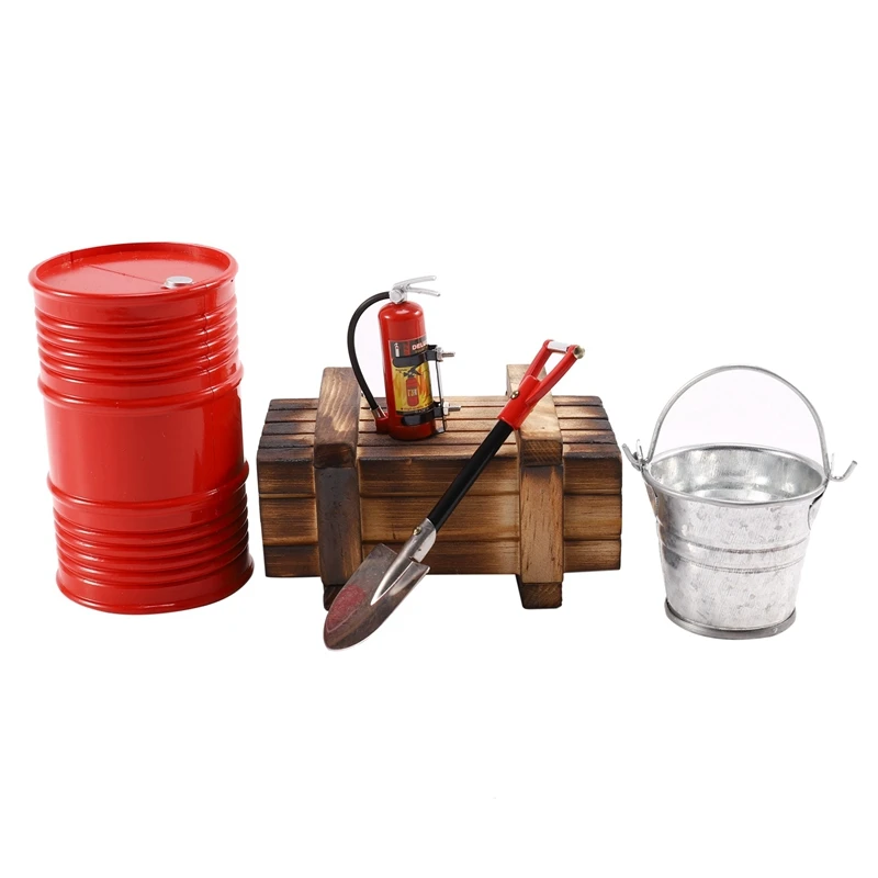 

5PCS RC Crawler Car Simulation Fire Extinguisher Oil Drum Shovel Parts Model for Axial 1/10 SCX10 TRX4 RC Car Parts
