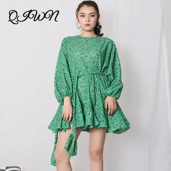 

2020 Summer Women Flower Print A-line Ruffles Vintage Mini Dress O-neck Puff Sleeve Brand Luxury Bandage Boho Green Dress