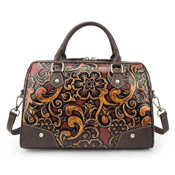 

Women Genuine Leather Bags Cross Body Handbag Embossed Vintage First Layer Cowhide Top Handle Bag Messenger Shoulder Tote Purse