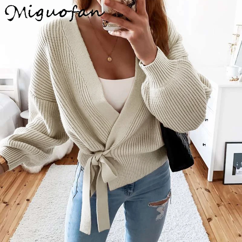 

Miguofan Casual Bow Tied Knitted Cardigans Women Autumn Elegant Ladies Chic Sweaters Outerwear Female 2020 Winter New Fashion