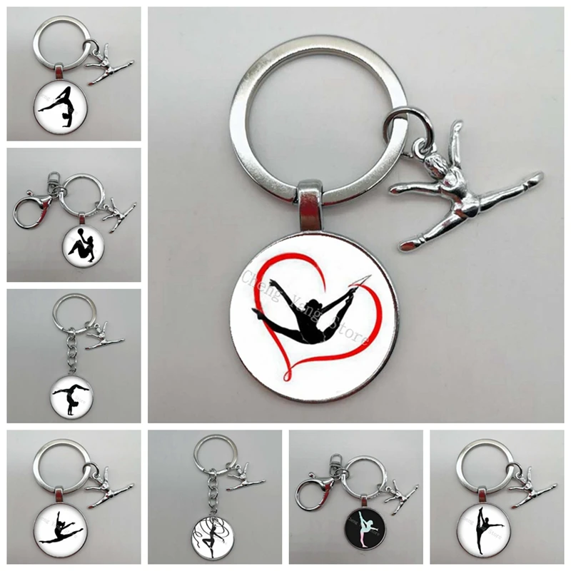 NewGymnastKeychainArtisticGymnastPatternedGlassPendantKeychain