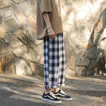 

Summer Wide Pants Women 2020 Thin Plaid Pants Women Straight Loose Checkered Pants Korean Ankle-Length Trousers Streetwear Women